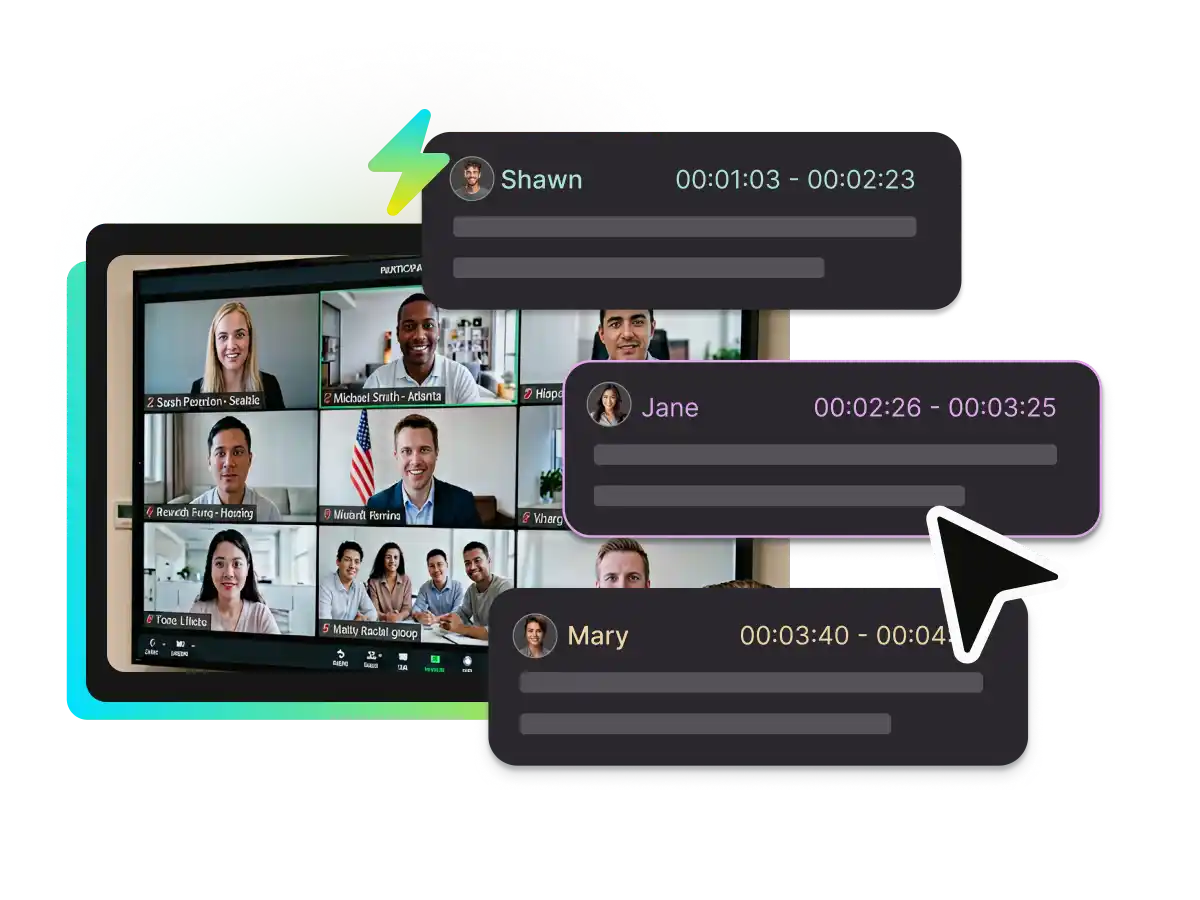 A video meeting interface displaying pop-up transcription boxes with speaker profile pictures, names, and exact timestamps.